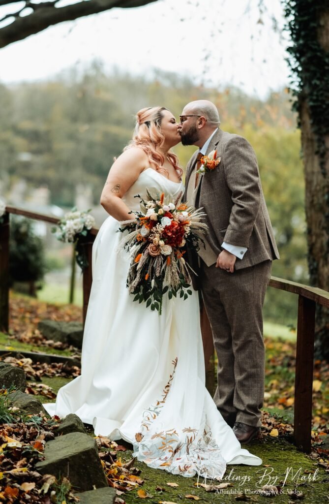 Bride and Groom portrait outside Hollin House Hotel with Peak District views in the background
