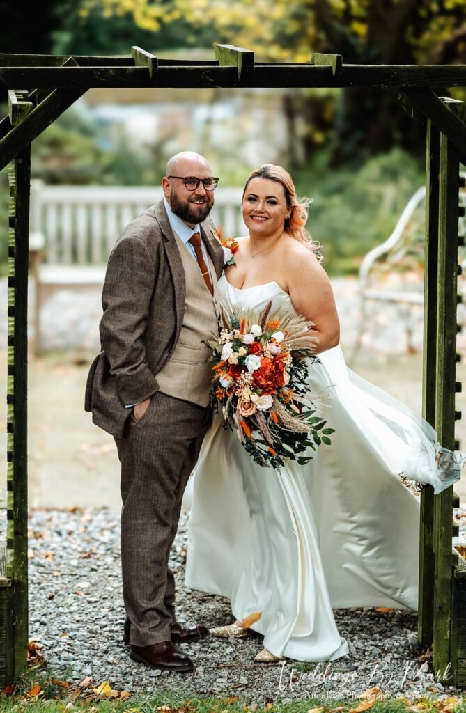 Bride and Groom portrait outside Hollin House Hotel with Peak District views in the background