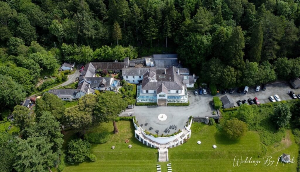 Wedding reception on the terrace at Plas Maenan with views of the Snowdonia mountains.