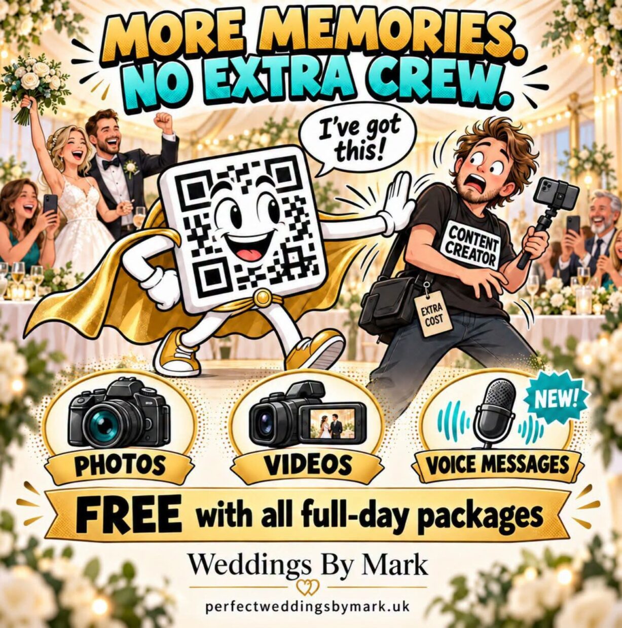 Weddings By Mark guest QR gallery: photos, videos and voice messages, free with all full-day packages.